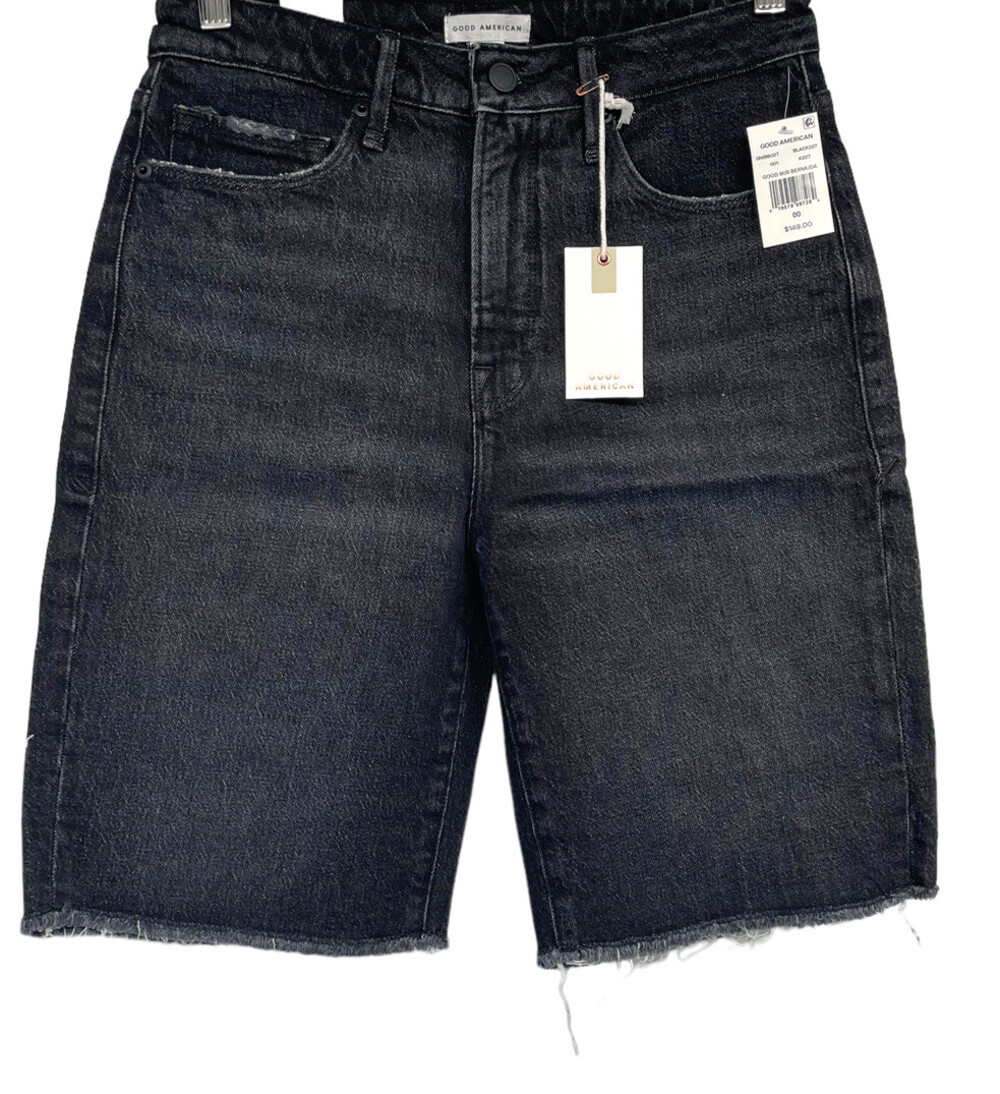 Good American Women's Shorts Good 90s Bermuda Size 00 Black Raw Hem Relaxed NEW